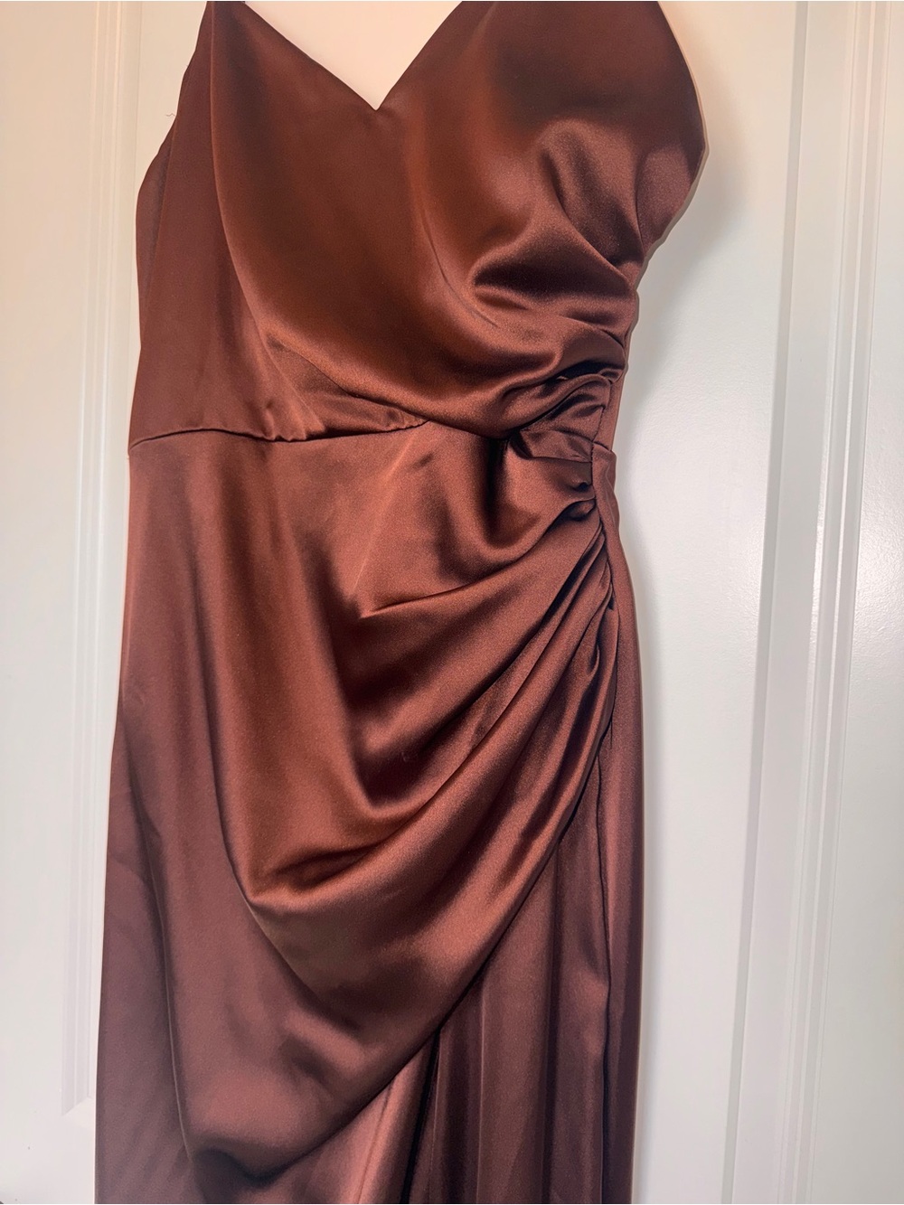 Revelry Satin V-Neck Maxi Gown in Deep Chocolate - Picture 4 of 9